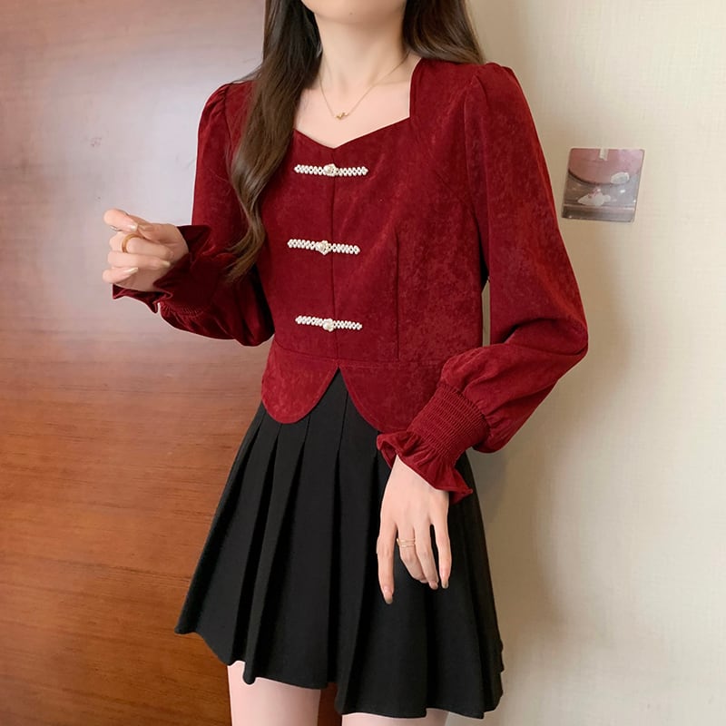 [DINGNING Series]★China style tops★ 2color long sleeve large size black red short length