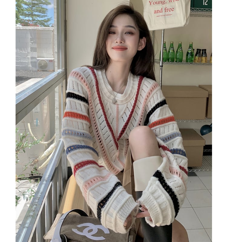 [Koikoro Series] ★Sweater★ Knit tops Colorful striped pattern Cute Easy to match Autumn clothes Sweet Fashion