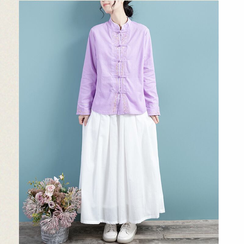 [Qing Series]★China style tops★ 3color embroidery long sleeve shirt simple easy to match Blue Yellow Purple