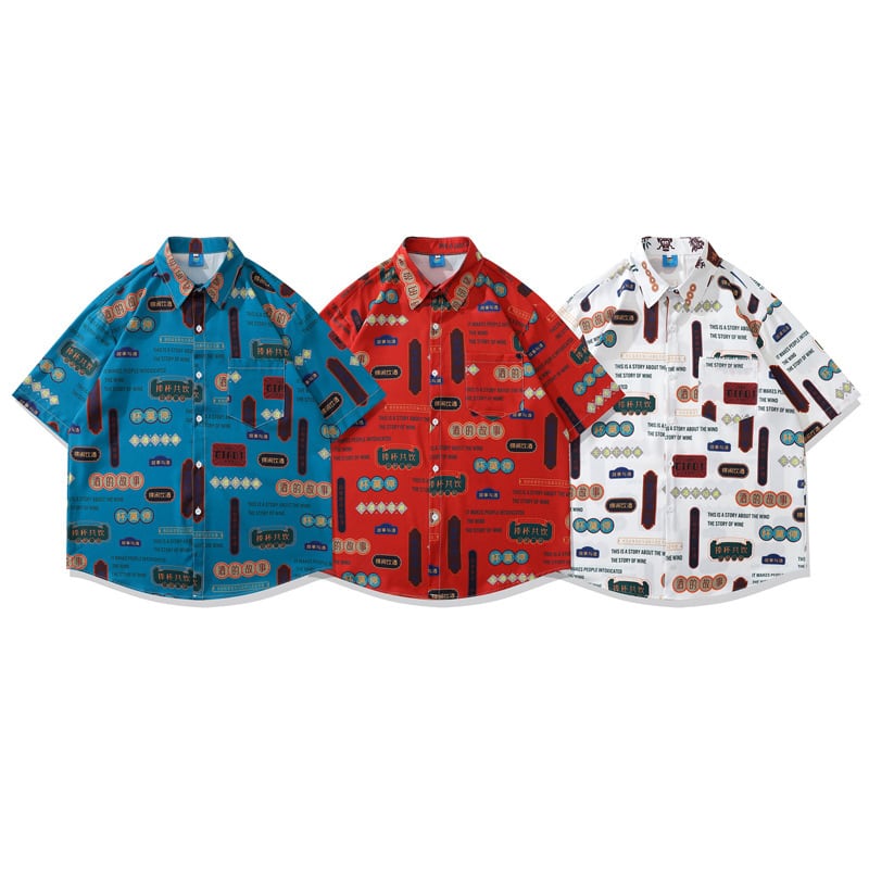 [JINKESEN Series]★Shirt★ 3color Tops Print Letter Pattern Short Sleeve Shirt Unisex Men's Red Blue White