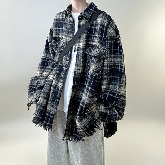 [V37 Series]★Outer★ Shirt outerwear jacket fringe unisex men's plaid fashion