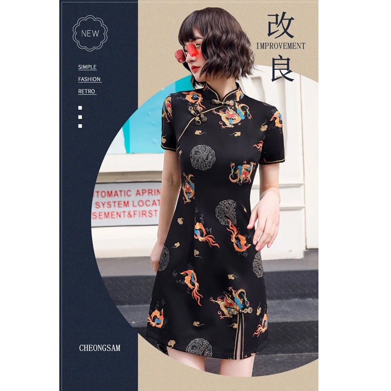 [YIJIA Series] ★Cheongsam dress★ Mini length dress improved version retro sexy black black large size