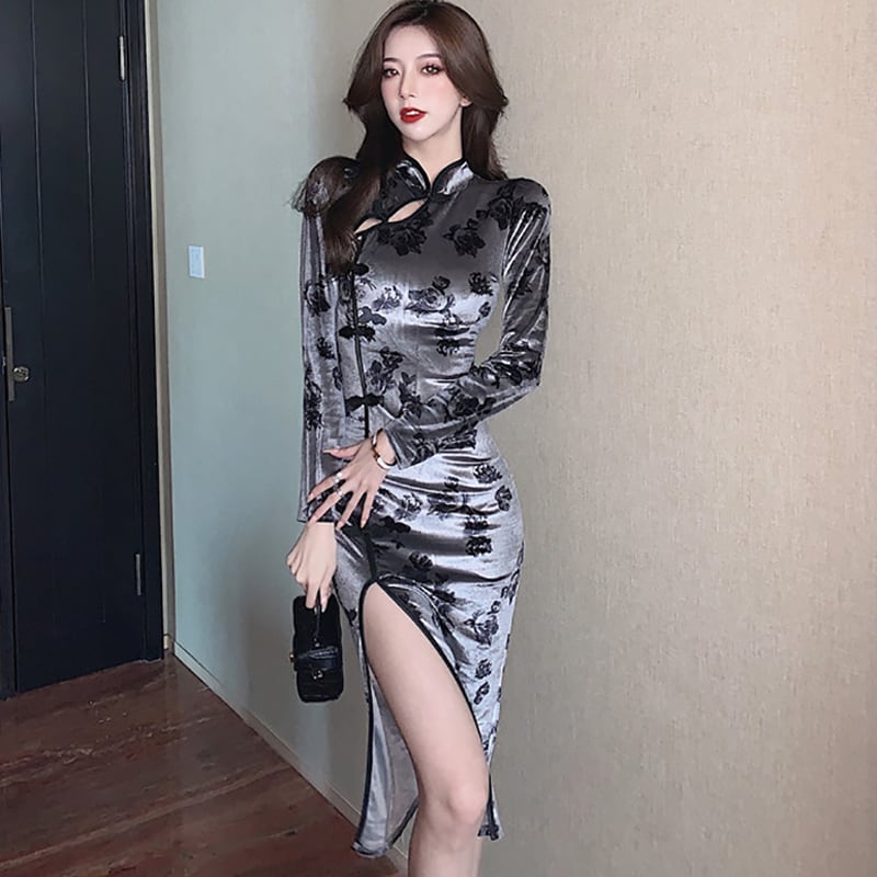 [Attractive Girl Series] ★Cheongsam Dress★ Floral Pattern Velvet Slim Slimming Sexy Long Dress Print