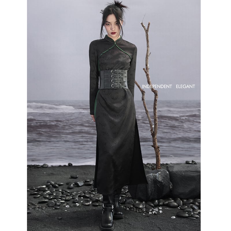 [Da Qinglong Shu Series]★Chinese style dress★ Improved Chinese dress, long sleeves, switching, long length, original, improves temperament, Chinese clothes, black