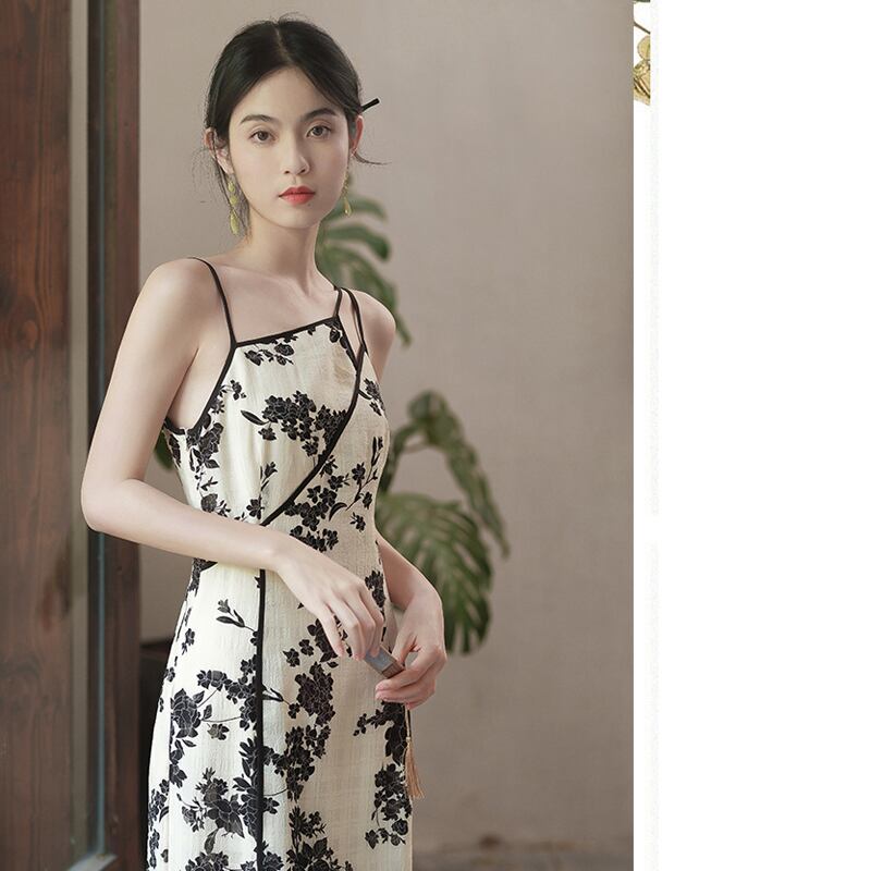 [Ink year flower series] ★China style setup★ 2-piece set Hanging dress + thin outerwear Improves temperament Floral pattern SML