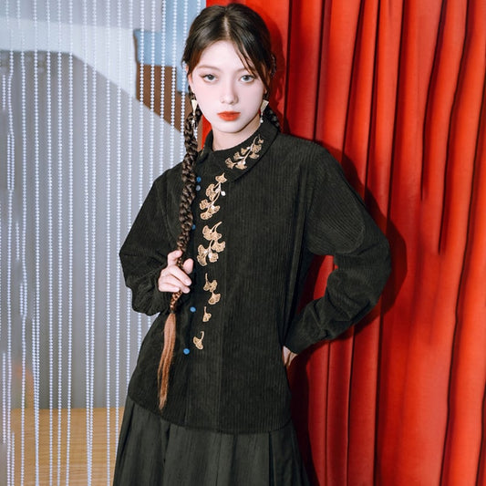 [Kokaisha --- Leaf Series] ★Chinese style tops★ Embroidery Hanfu tops Corduroy Thick Autumn/Winter Clothes Retro Black