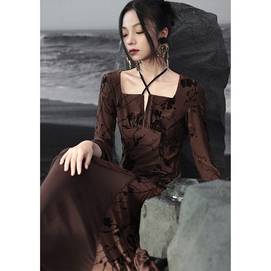 [Da Qinglong Shu Series] ★Chinese style dress★ Floral pattern, long length, long sleeve shirt, Chinese clothes, original, coffee color