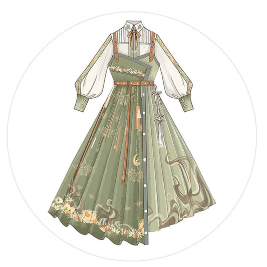 [Hanayu Poetry Series] ★Chinese style setup★ Shirt + hanging dress Green Green Cute Improved Hanfu