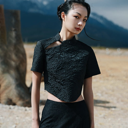 [Big Blue Dragon Series]★China style T-shirt★ Tops Lace Irregular Chinese button Mini length Black Black