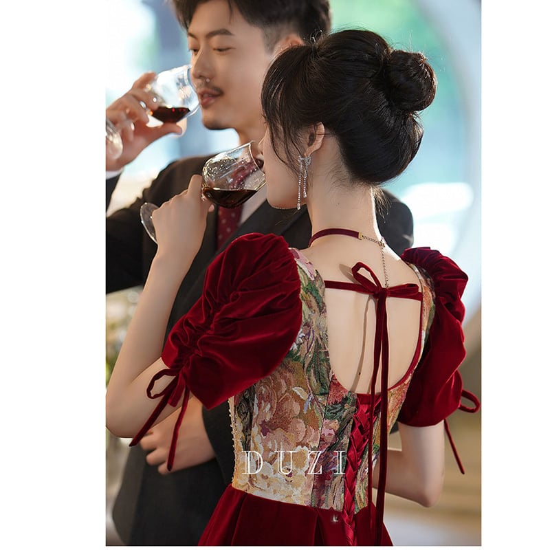 [DUZI Series] ★Party Dress★ One Piece Oil Painting Style Switching Velvet Red Red Coming of Age Ceremony Photography Wedding