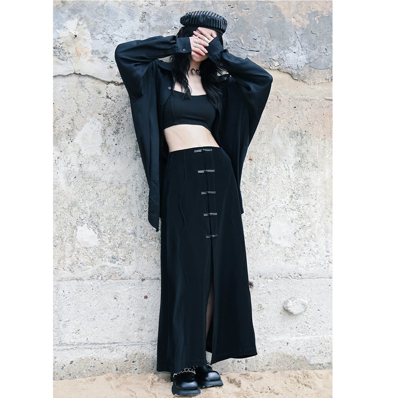 [Big Blue Dragon Series] ★China style skirt★ Bottoms Chinese button slit slimming black black