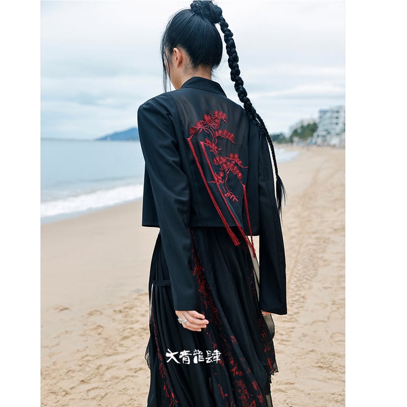 [Daiseiryusu Series] ★China style outerwear★ Tops embroidery black black unique color scheme slimming original