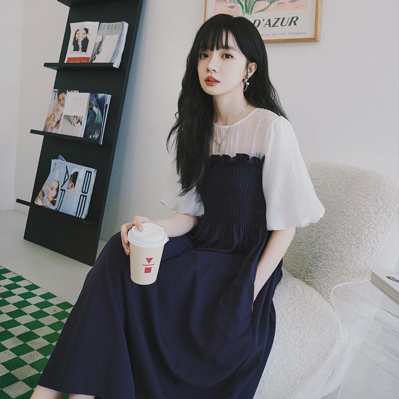 [HANXI Series] ★One Piece★ Switching Chiffon Summer Temperament Up Date Commuting OL Office Navy SML XL 2XL