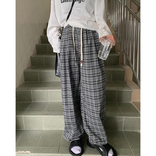 [Kumikumi Series] ★Casual Pants★ 2color Bottoms Trousers Casual Plaid Pattern Black Coffee Color Elastic Waist