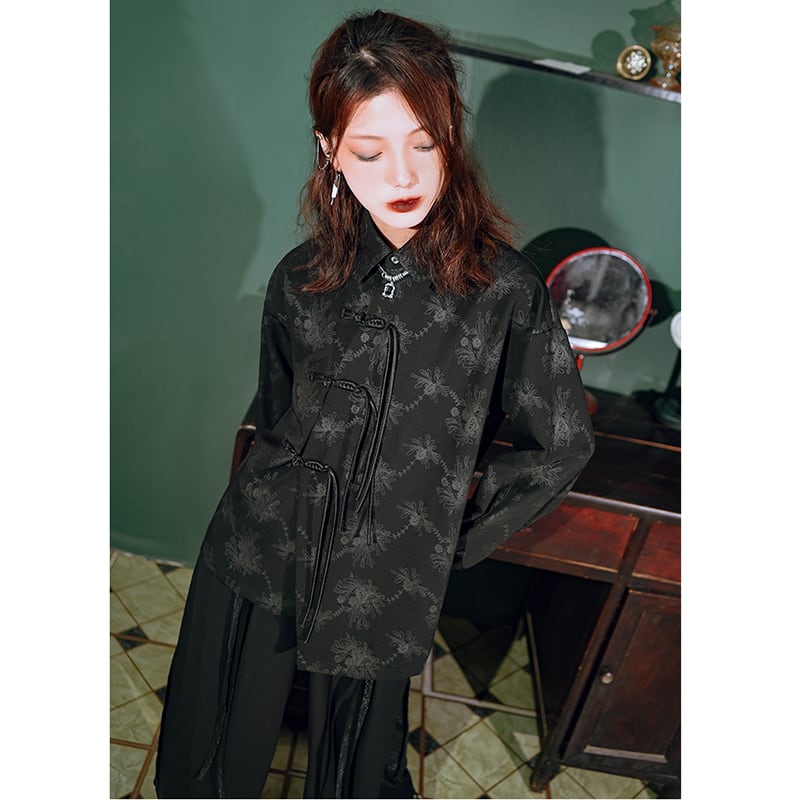 [Ancient Monster---Ink series] ★China style shirt★ Tops long sleeve shirt original print black black