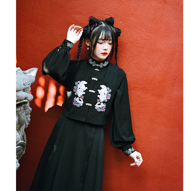 [Old Monster---Rabbit Series]★China-style shirt★ Tops 2color Original Rabbit Embroidery Cute White Black