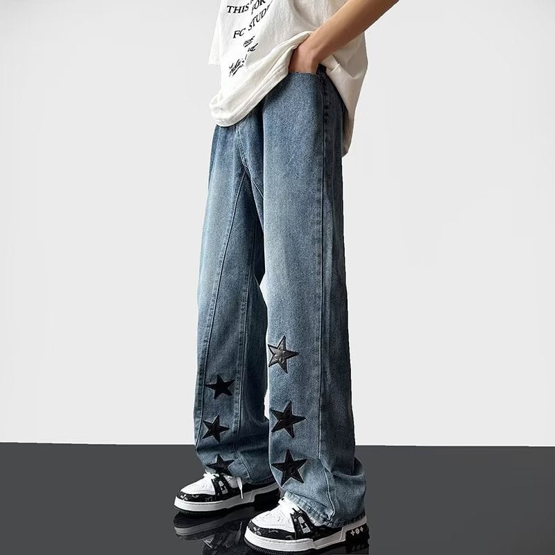 [High Series]★Denim Pants★ Pants Bottoms Unisex Men's Star Pattern Retro Blue Blue SML XL 2XL 3XL