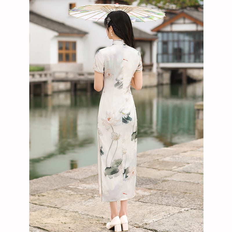 [RUYUN Series]★China Dress★ One Piece Long Length Lotus Lotus Short Sleeve Long Length Large Size