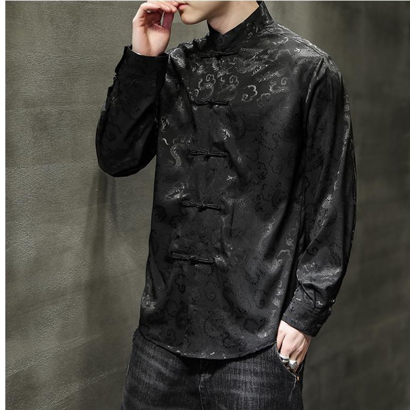 [BITIWO Series]★China style shirt★ Men's 6color tops Dragon crest large size black white blue silver yellow red thin