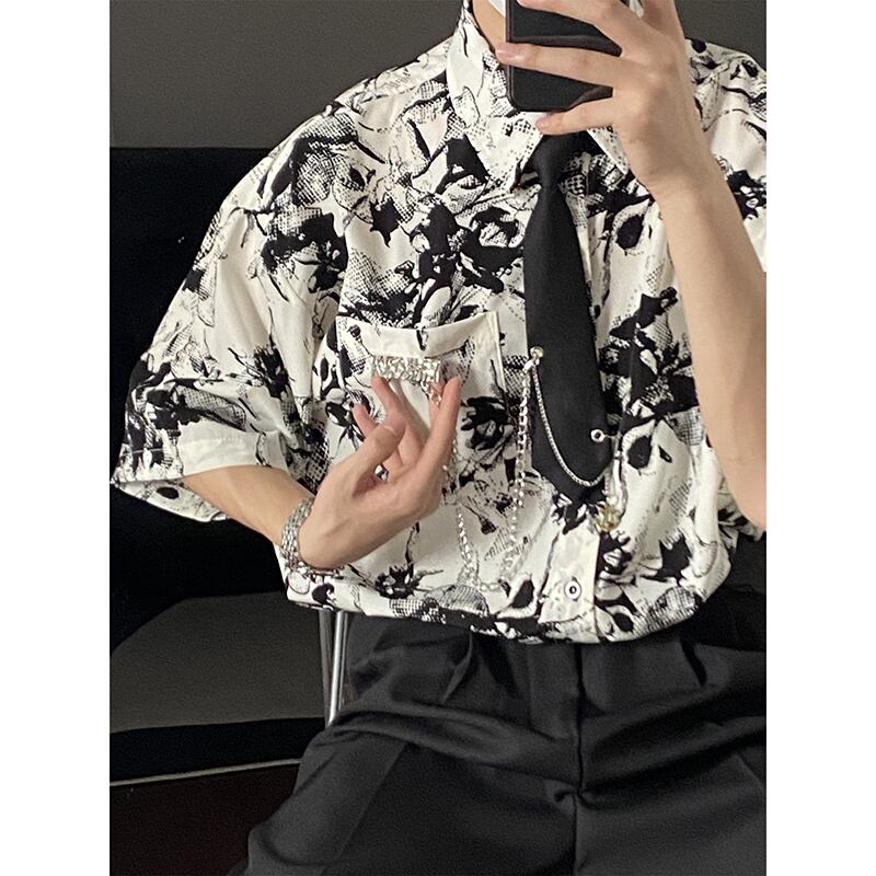 [MDYCD Series]★Shirt with Tie★ 2color Floral Print Shirt Tops Short Sleeve Shirt Unisex Men's Black White