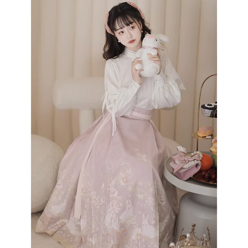 [Kaede bamboo---Hanako rabbit series] ★China style setup★ 2-piece set, long sleeve shirt + windshield skirt, coming-of-age ceremony, everyday wear, white, pink