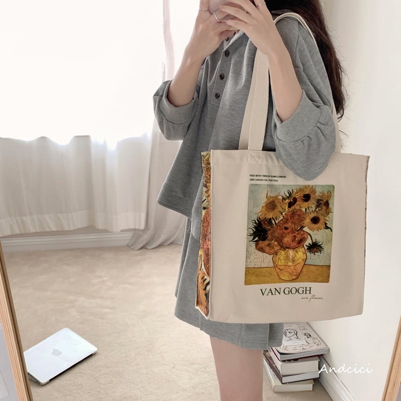 [Andcici Series] ★Bag★ Large capacity oil painting style sunflower sunflower beige commuting casual date yellow yellow