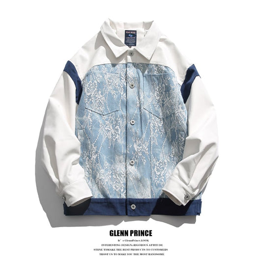 [GPstudio Series]★Jacket★ Outerwear Unisex Men's Unique Cotton Lace Switching Blue Blue