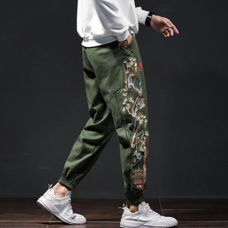 [Small Trouble Series] ★China style pants★ 3 colors Black or green or light brown Embroidery Floral pattern Unisex Large size