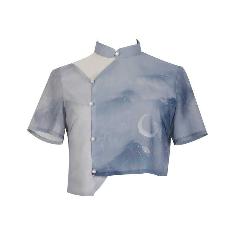 [Dust Smoke Cloud Dream---White Crane Tour Series] ★Chinese style tops★ Chinese clothing, improved Han clothing, Han clothing tops, short sleeve tops, short length