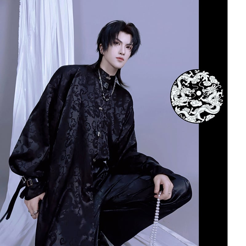 [Kuraho Koya Series] ★China style shirt★ 2color black or white tops Chinese elements unisex men's black white dragon pattern