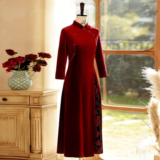 [ZHEZI Series]★China Dress★ 2color Velvet Dress Large Size Long Length Black Red