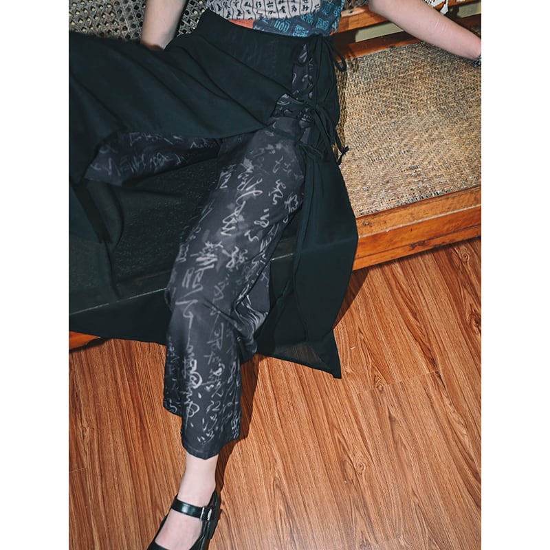 [Kokaisha---Shinkyo Series]★China style pants★Bottoms Gaucho pants Letter pattern switching Black Black