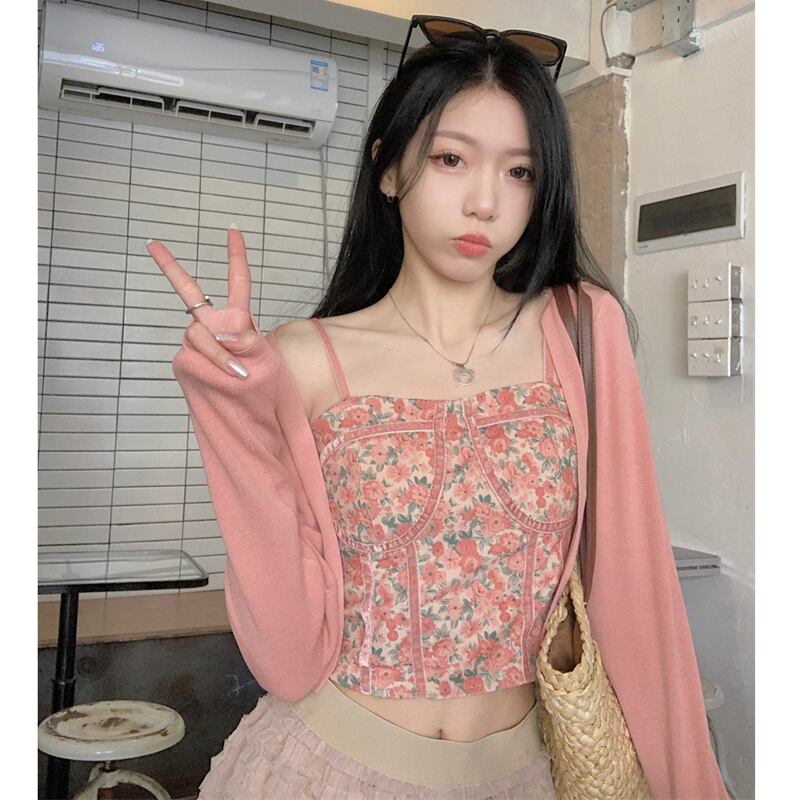 [KEKELI Series]★Setup Single Order★ 2color Tank Top or Cardigan Floral Pattern Sexy Pink Green