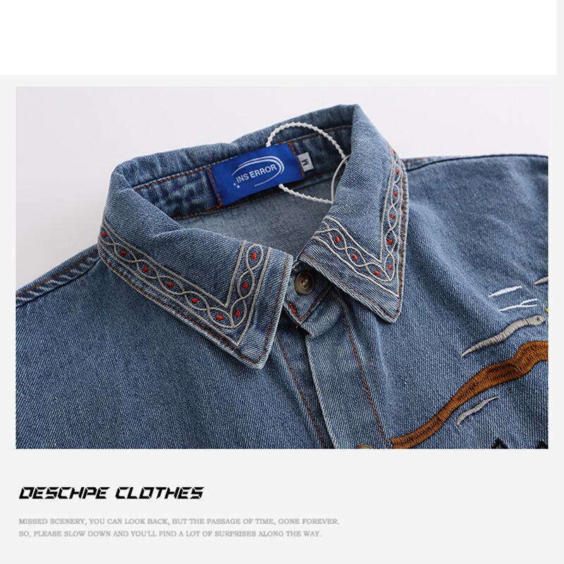 [DESCHPE Series]★Denim shirt★ Tops, short sleeve shirt, unisex, men's, embroidery, casual, unique, blue, summer clothes