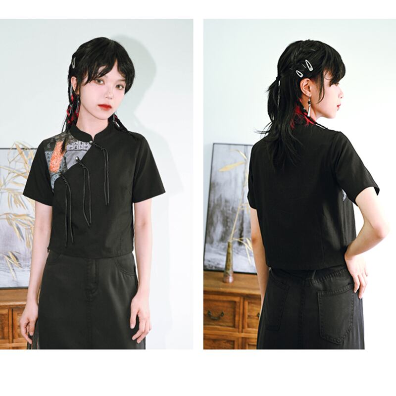 [Kokaisha --- Kyoka Suigetsu Series] ★China style shirt★ Tops, short sleeves, letter pattern, unique, original, black, black