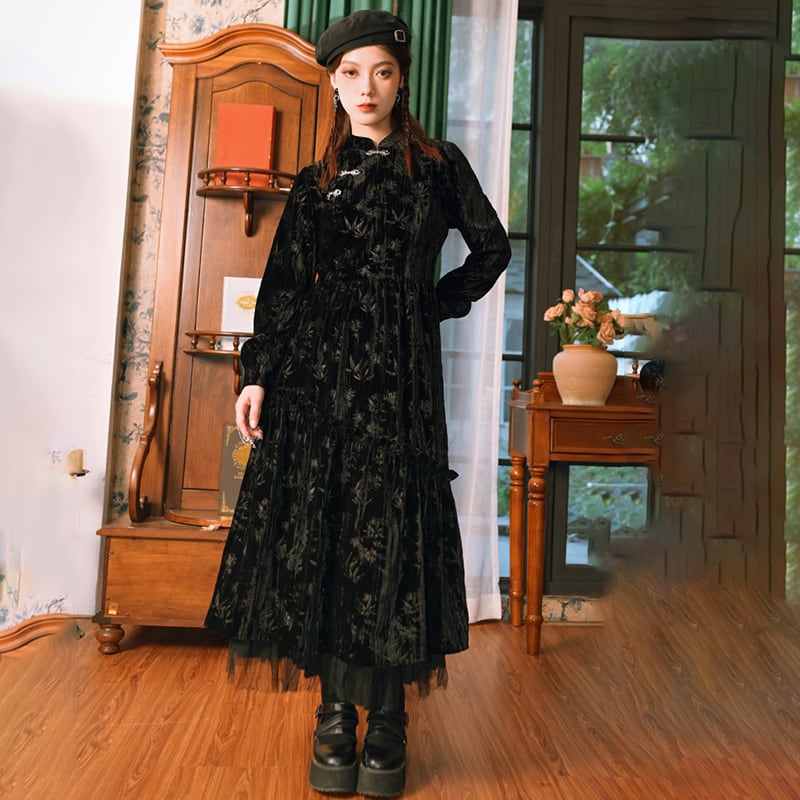 [Kokaisha --- Chichiku Series] ★China style dress★ Velvet thick black black long length