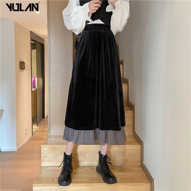 [Goran series] ★Long skirt★ Bottoms Velvet High waist Layered style Easy to match A-line