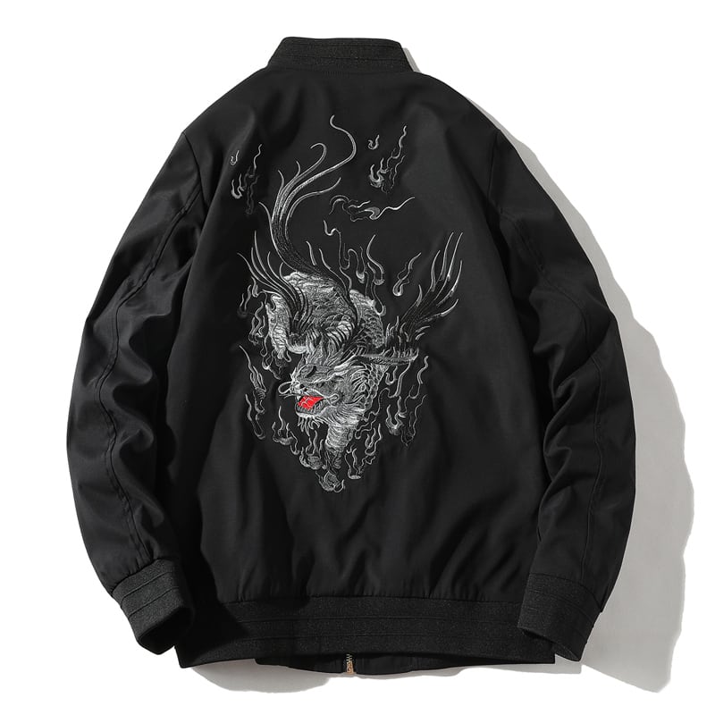 Stadium jacket with dragon crest embroidery Chinese style outerwear Dragon Sukajan jacket Chinese style clothing Black White