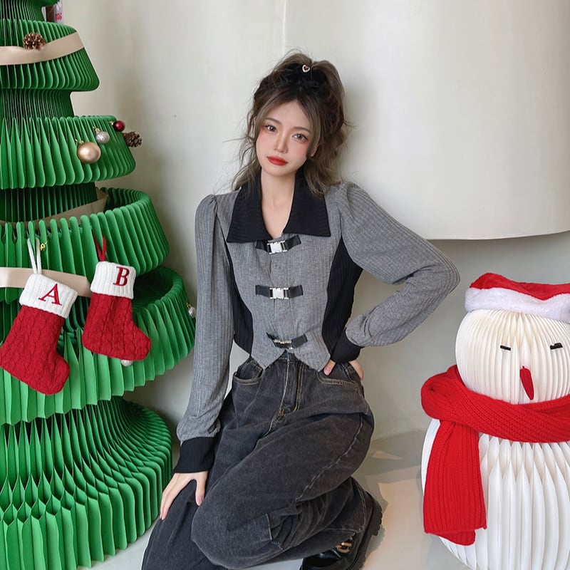 [JIGUJIGU series]★Tops★ Color scheme: Large size, short length, design, cute, gray