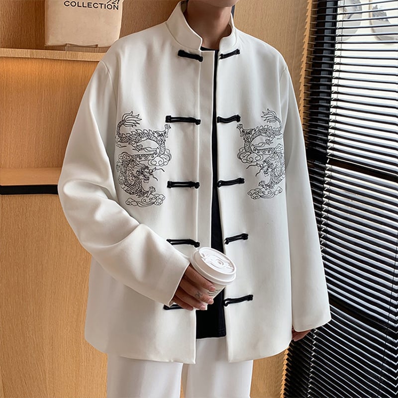 [PVPVPV Series] ★China Style Outer★ Jacket Unisex Men's China Button Dragon Black White