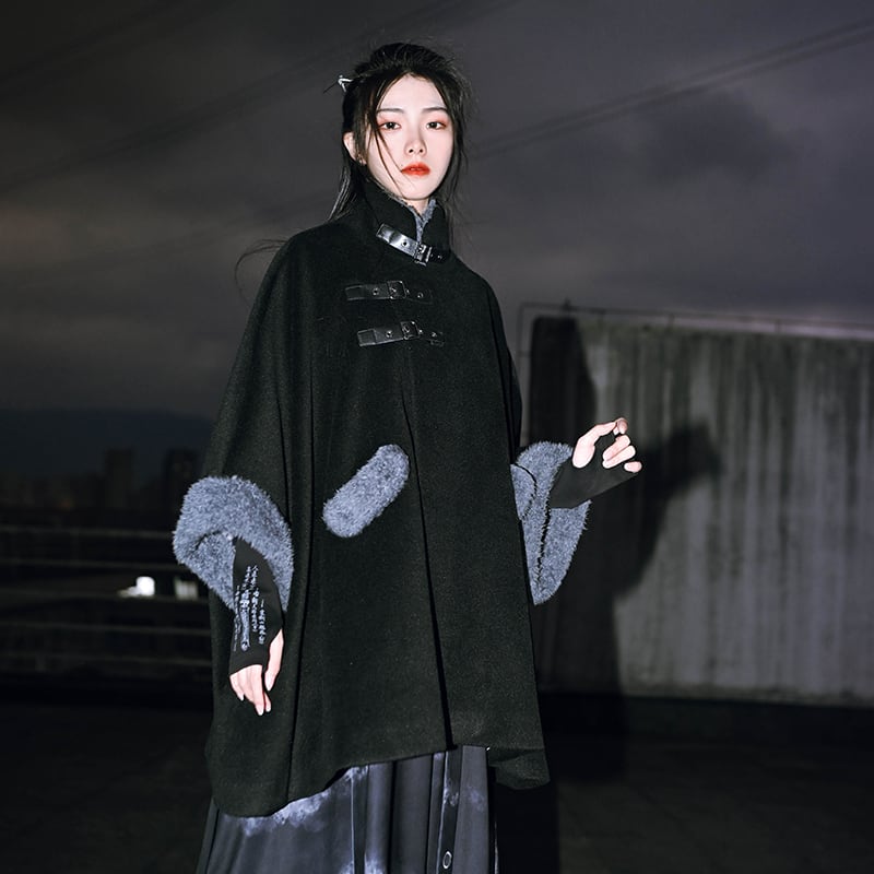 [Ancient monster house---Shanhai Jing Kunlun series] ★China style coat★ Outer coat Lasha loose thick warm black black cloak coat