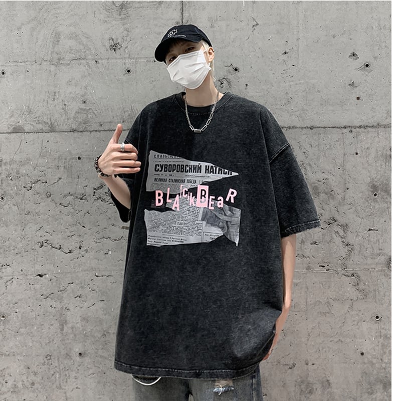 [FST Series] ★Short sleeve T-shirt★ Retro style tops T-shirt unisex men's large size black gray