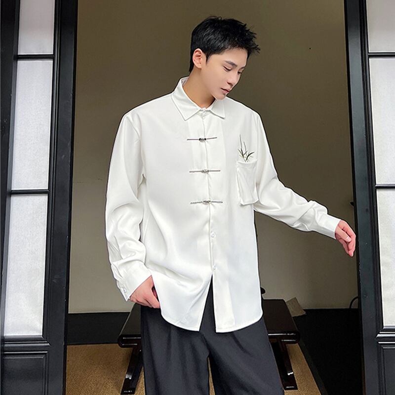 [Illustrated Series] ★Chinese style shirt★ Bamboo Bamboo pattern tops Long sleeve shirt Unisex Men's Chinese clothing Chinese clothing White White