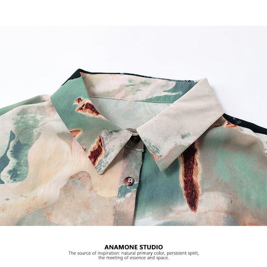 [ANAMONE Series] ★Retro Shirt★ Printed Oil Painting Style Short Sleeve Design Loose SML