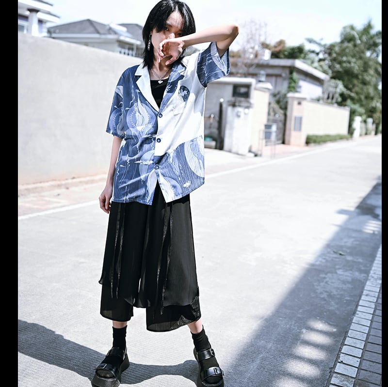 [Kokaisha Series] ★China style pants★ Chiffon gaucho pants Spring/Summer Loose Black Black SML XL