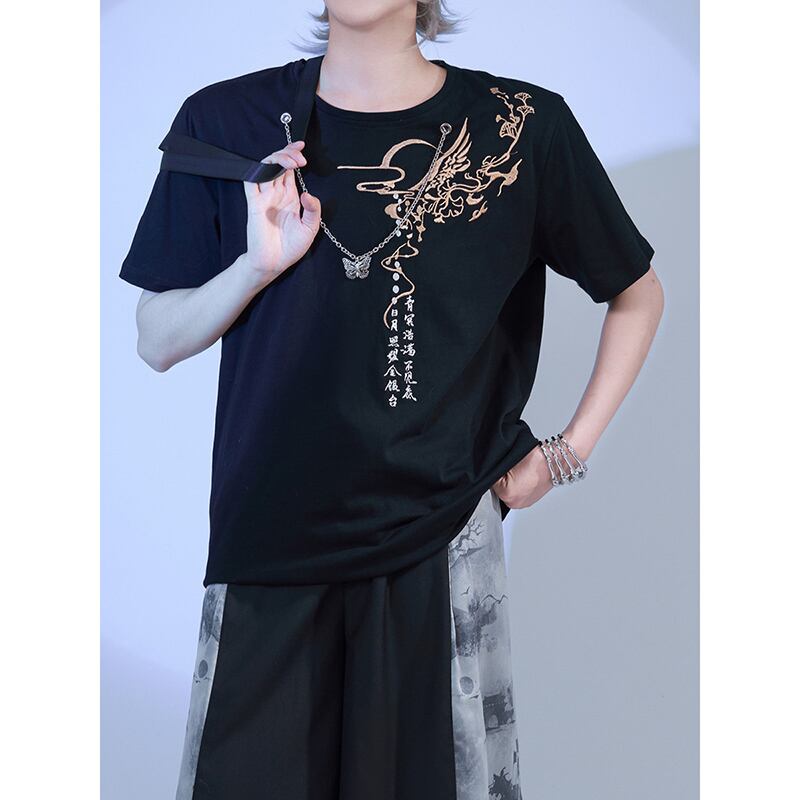 [Kyodo Series]★China style T-shirt★ Tops 2color Unisex Men's Embroidery with chain Butterfly Cotton