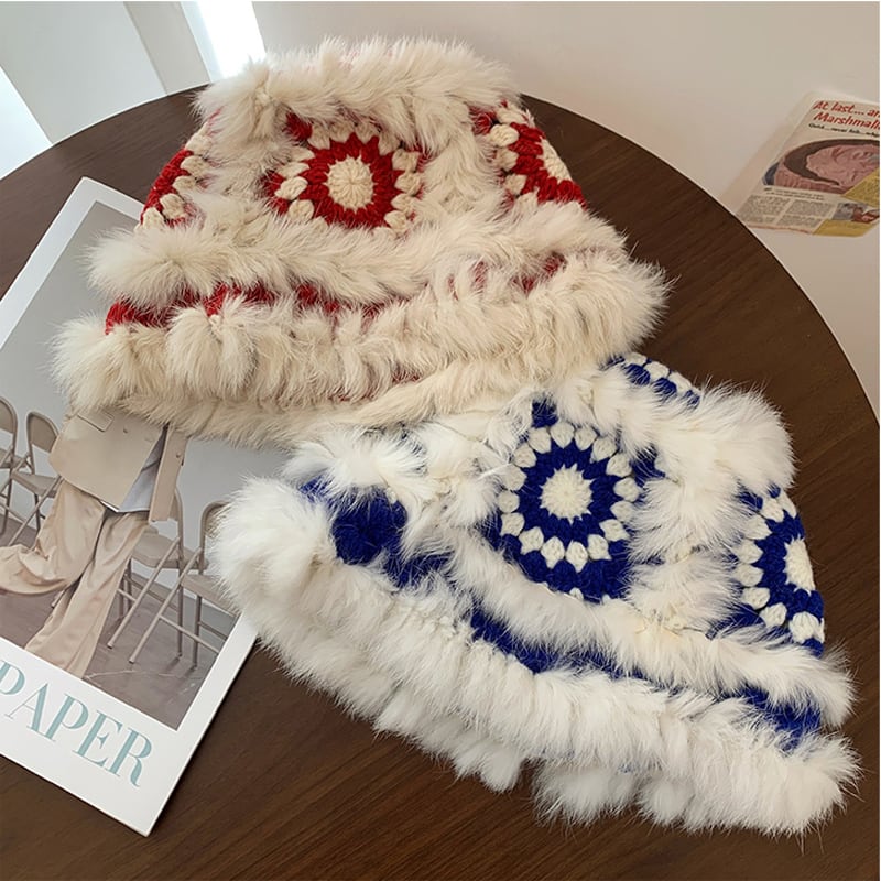 [Inkobo series] ★China style hat★ 5color knit fluffy fashionable cute black brown blue red pink