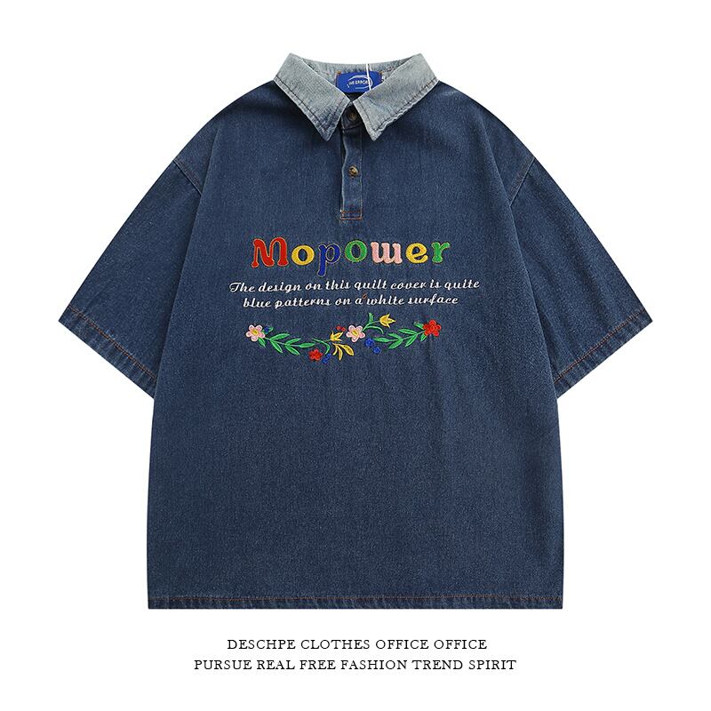 [DESCHPE Series]★Denim Shirt★ POLO Shirt Tops Unisex Men's Embroidery Alphabet Blue Blue