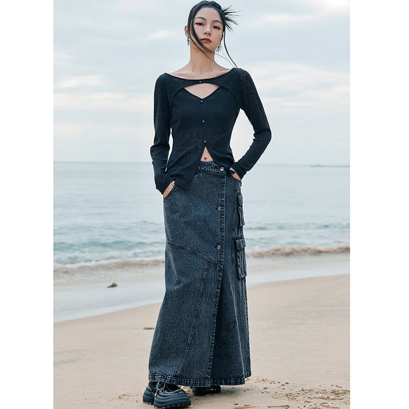 [Daiseiryusu Series] ★China style skirt★ Bottoms Denim skirt Long skirt Slit