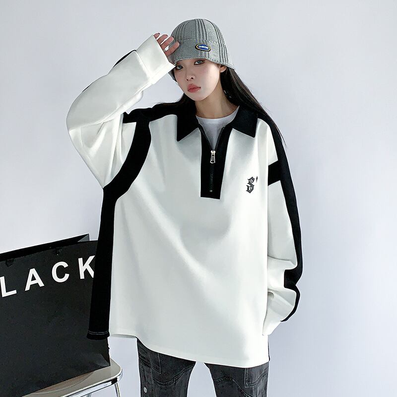 [BIGEMAN Series] ★Tops★ 2color Unisex Men's POLO neck Black White Color scheme Large size